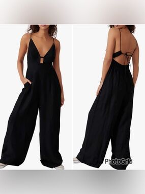 Free People Emma Linen Blend Wide-Leg Cutout Jumpsuit Black Open Back Large GUC